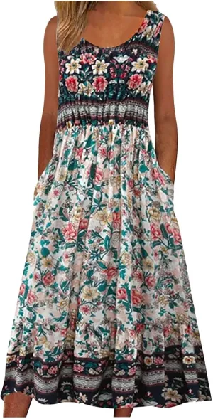 Summer Dresses for Women 2025 Sleeveless Boho Floral Sundress Loose Casual Flowy Beach Dress Midi Dress with Pockets
