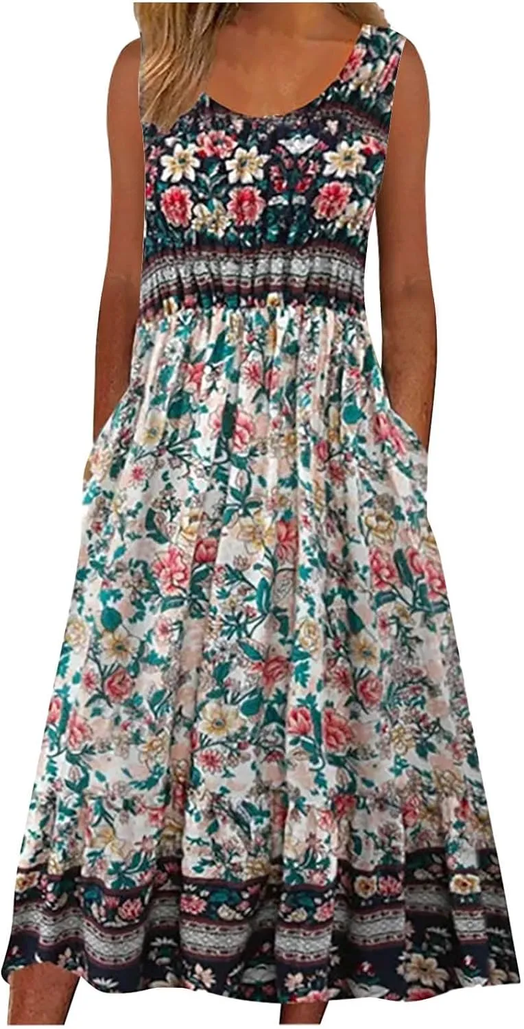 Summer Dresses for Women 2025 Sleeveless Boho Floral Sundress Loose Casual Flowy Beach Dress Midi Dress with Pockets