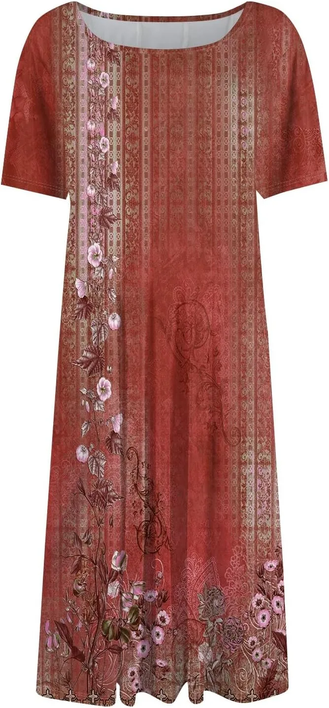 Summer Dresses for Women 2025 Smocked Summer Short Sleeve Midi Dresses for Women A Line