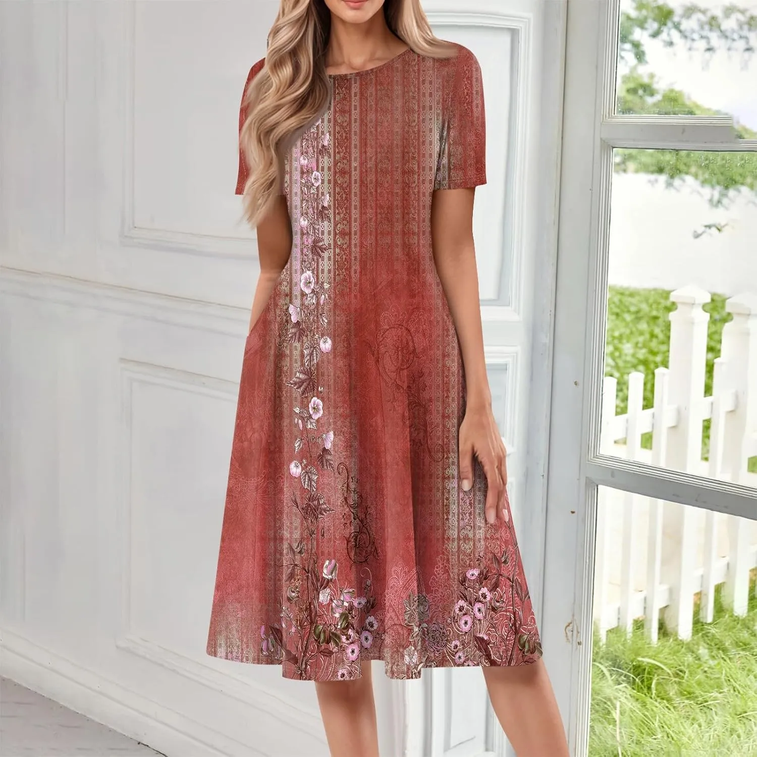 Summer Dresses for Women 2025 Smocked Summer Short Sleeve Midi Dresses for Women A Line