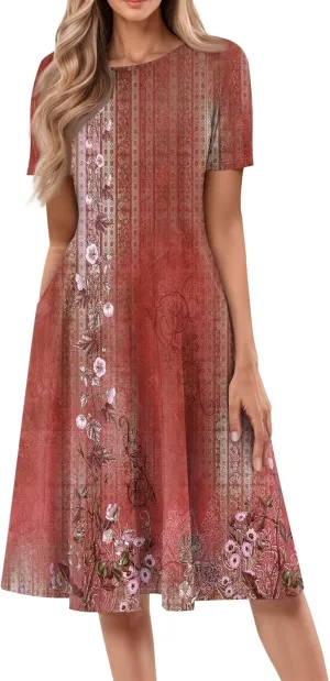 Summer Dresses for Women 2025 Smocked Summer Short Sleeve Midi Dresses for Women A Line