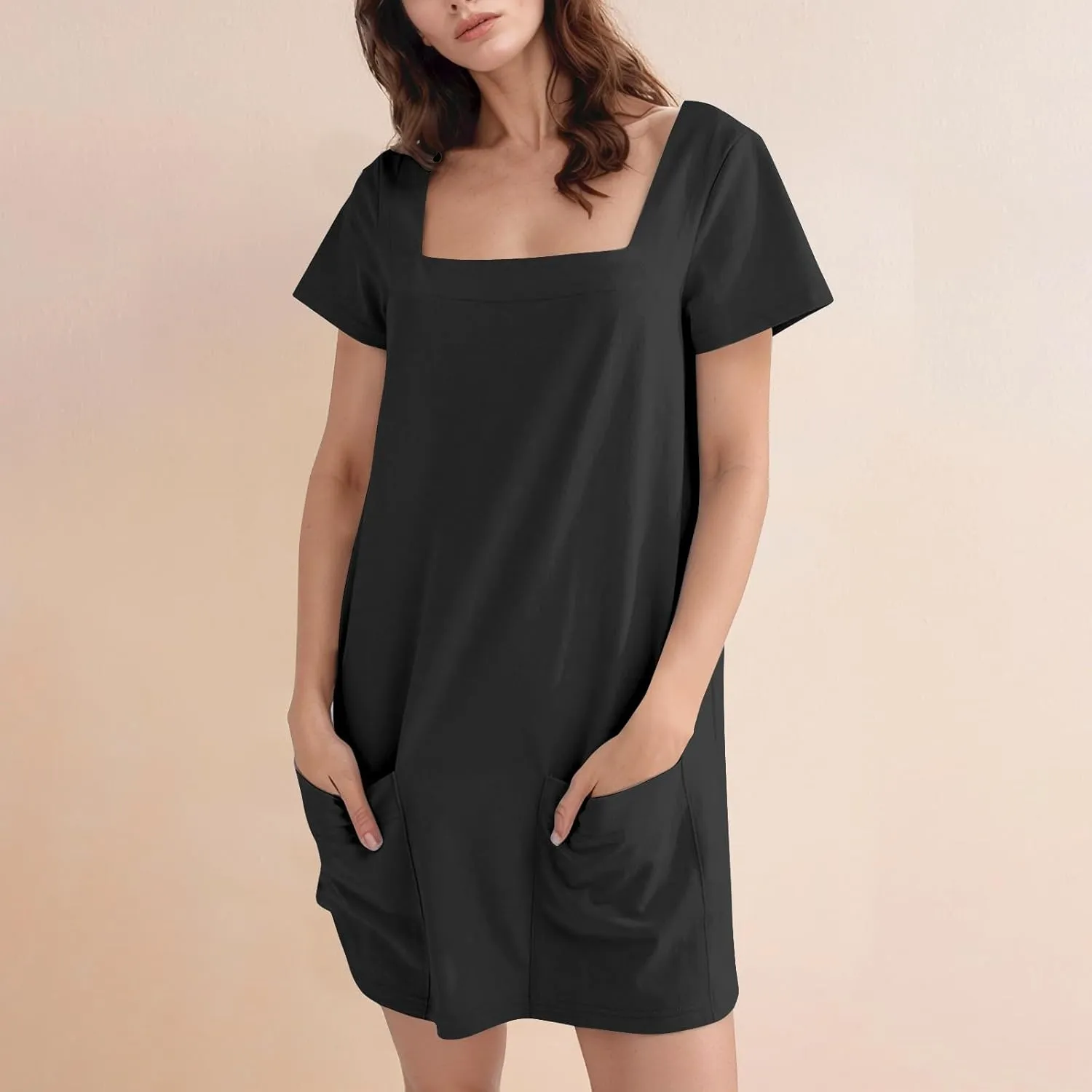 Summer Dresses for Women 2025 Square Neck Short Sleeve Tshirt Dress Knee Length Sundress Holiday Casual Frock with Pockets