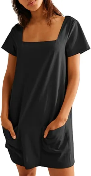 Summer Dresses for Women 2025 Square Neck Short Sleeve Tshirt Dress Knee Length Sundress Holiday Casual Frock with Pockets