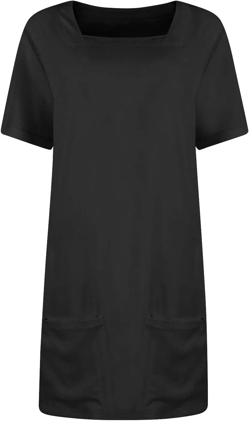 Summer Dresses for Women 2025 Square Neck Short Sleeve Tshirt Dress Knee Length Sundress Holiday Casual Frock with Pockets