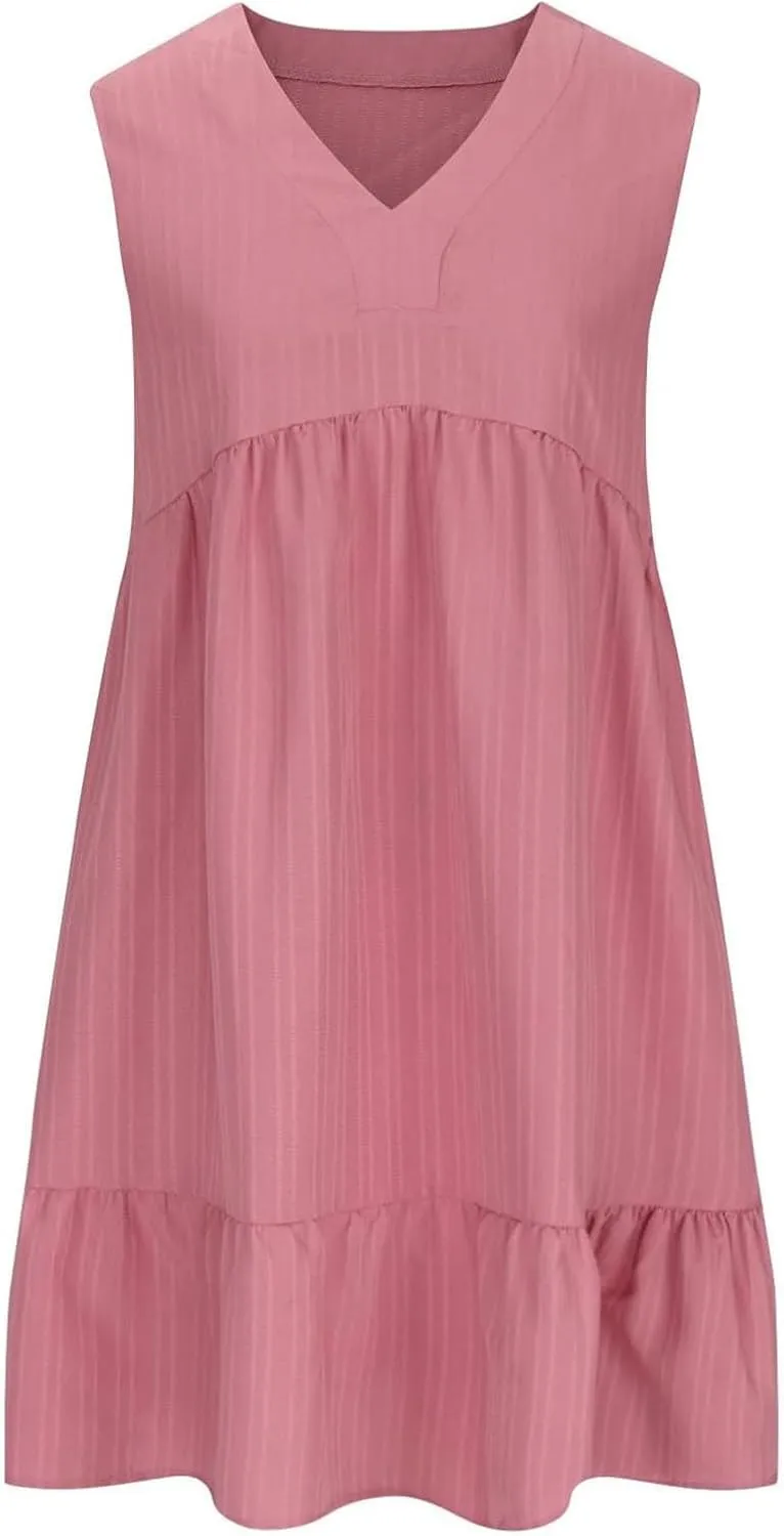 Summer Dresses for Women 2025 V-Neck Mini Dresses Fashion Casual Flowy Boho Ruffle A Line Short Sleeve Dress