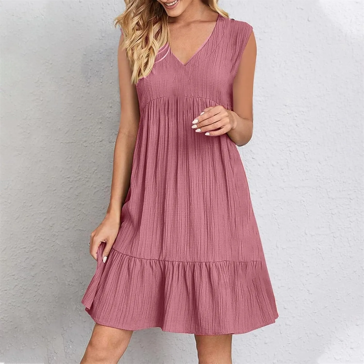 Summer Dresses for Women 2025 V-Neck Mini Dresses Fashion Casual Flowy Boho Ruffle A Line Short Sleeve Dress