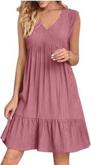 Summer Dresses for Women 2025 V-Neck Mini Dresses Fashion Casual Flowy Boho Ruffle A Line Short Sleeve Dress