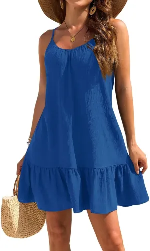 Summer Dresses for Women 2025 Vacation Spaghetti Strap Sleeveless Sexy Mini Dress Ruffle Hem Loose Flowy Beach Dress
