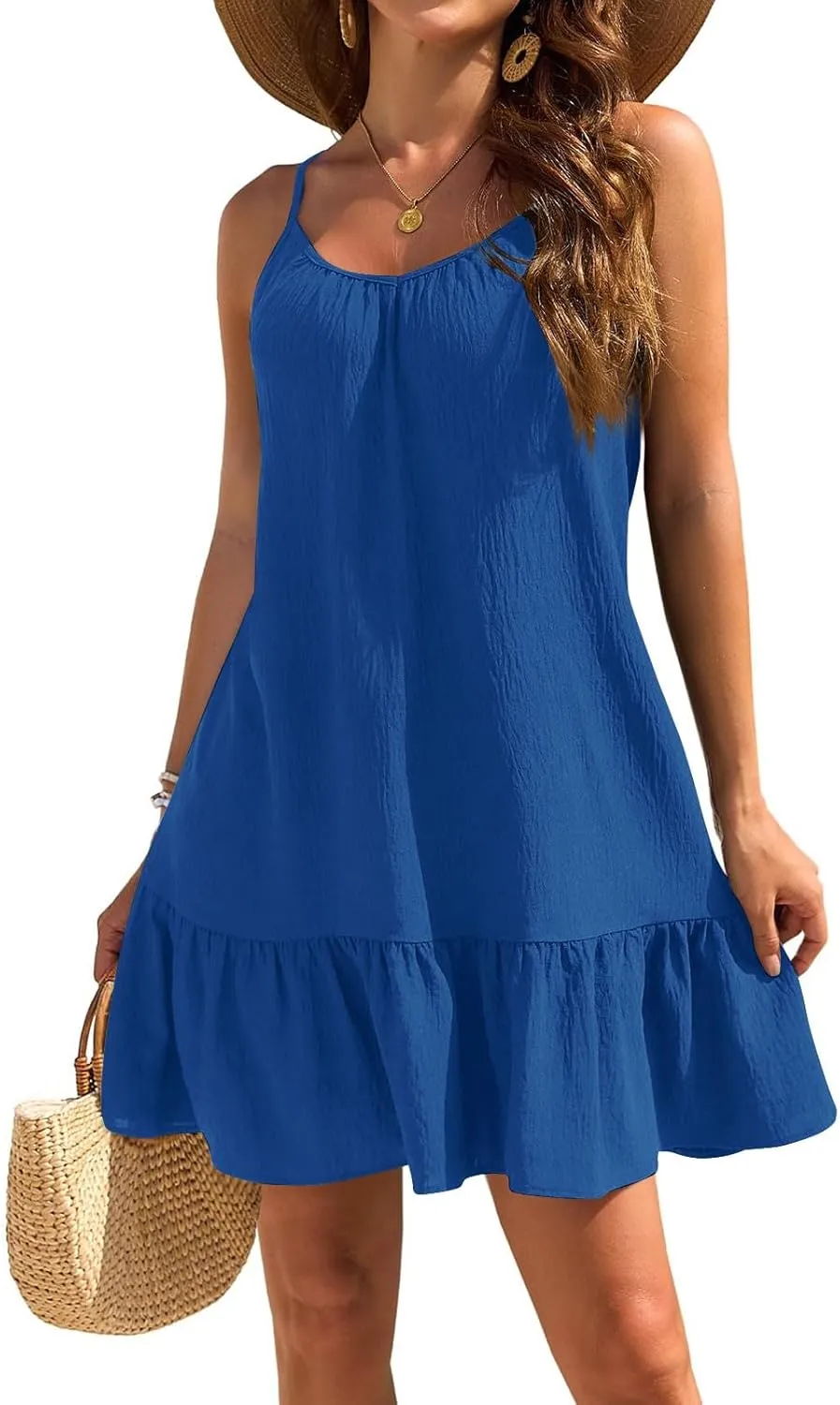 Summer Dresses for Women 2025 Vacation Spaghetti Strap Sleeveless Sexy Mini Dress Ruffle Hem Loose Flowy Beach Dress