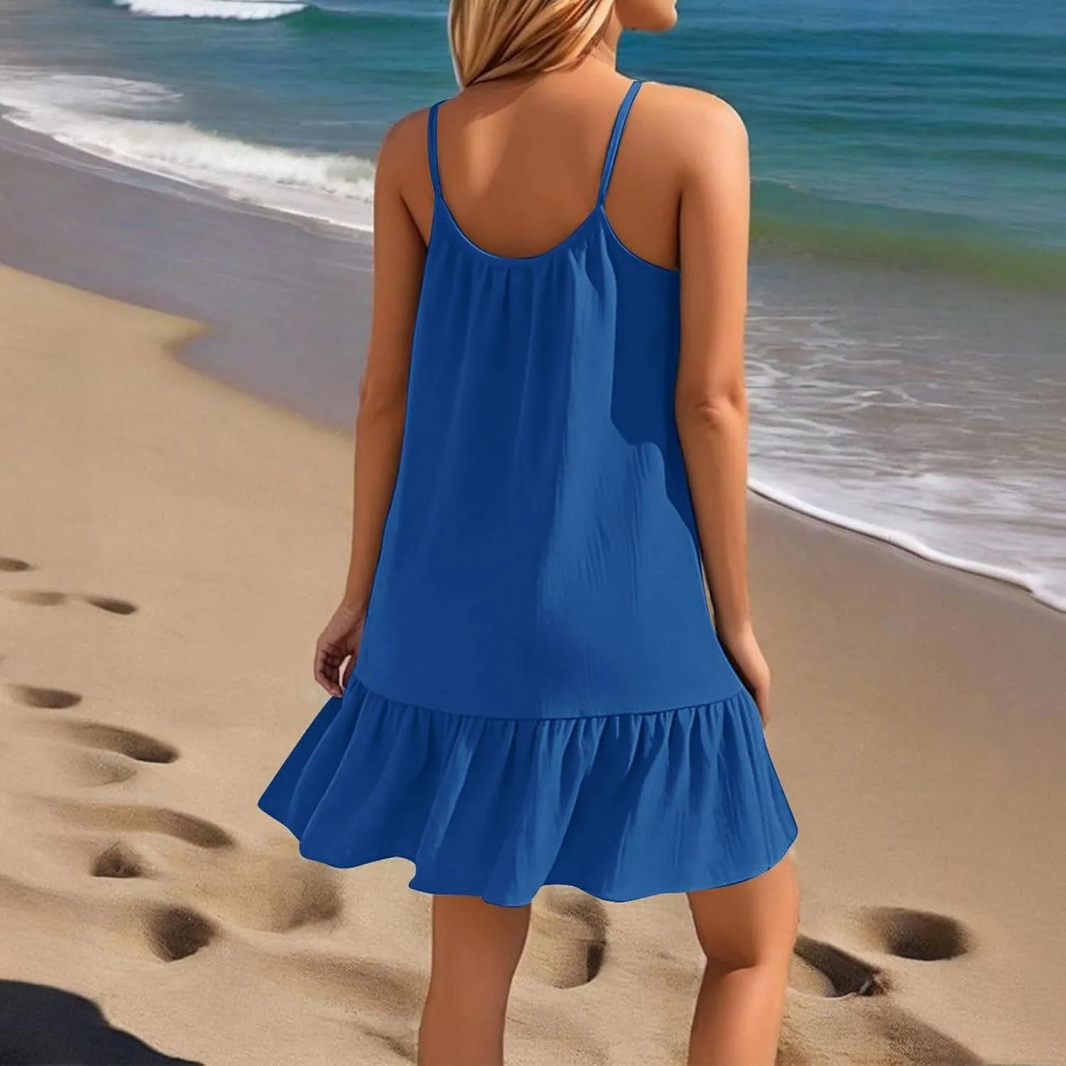 Summer Dresses for Women 2025 Vacation Spaghetti Strap Sleeveless Sexy Mini Dress Ruffle Hem Loose Flowy Beach Dress
