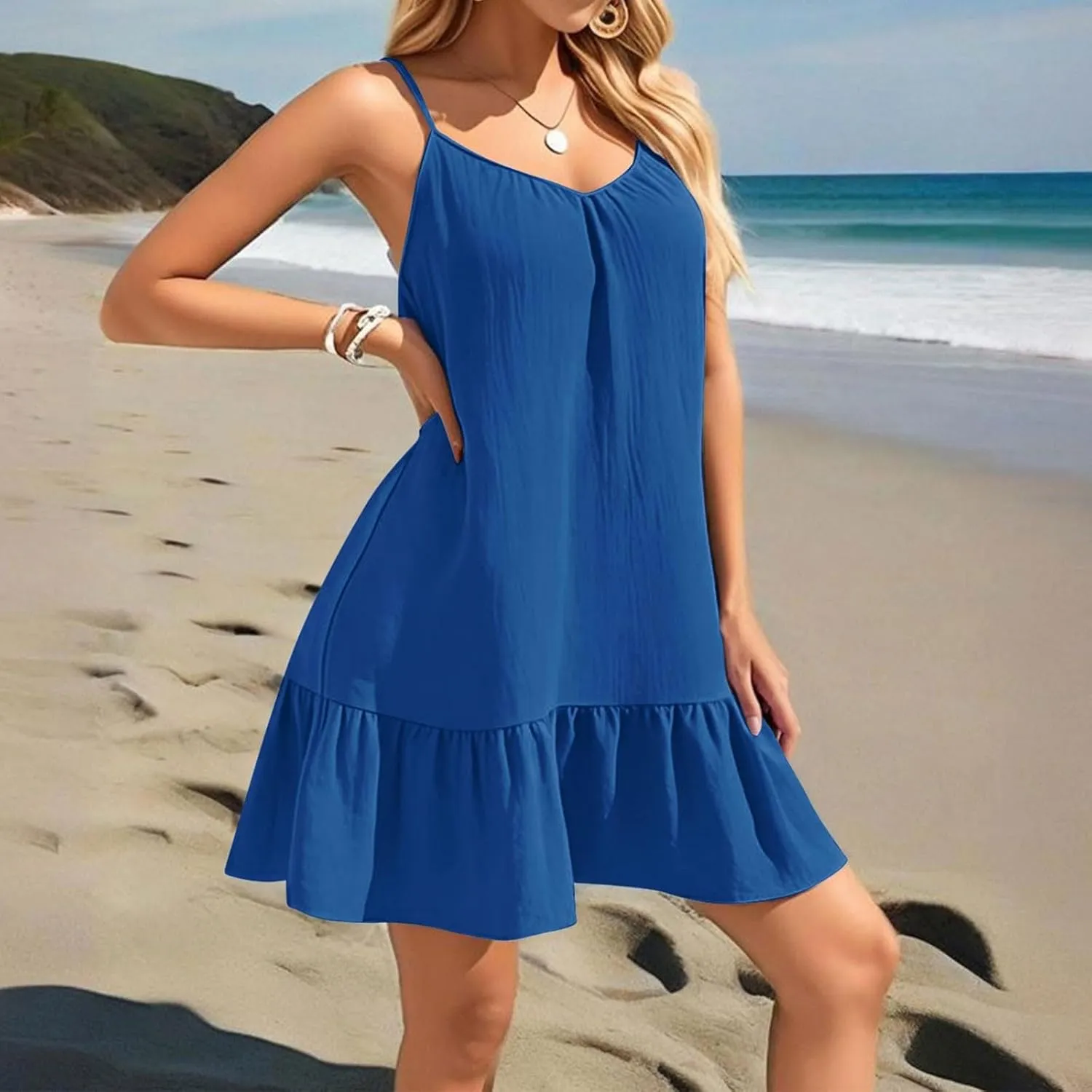 Summer Dresses for Women 2025 Vacation Spaghetti Strap Sleeveless Sexy Mini Dress Ruffle Hem Loose Flowy Beach Dress