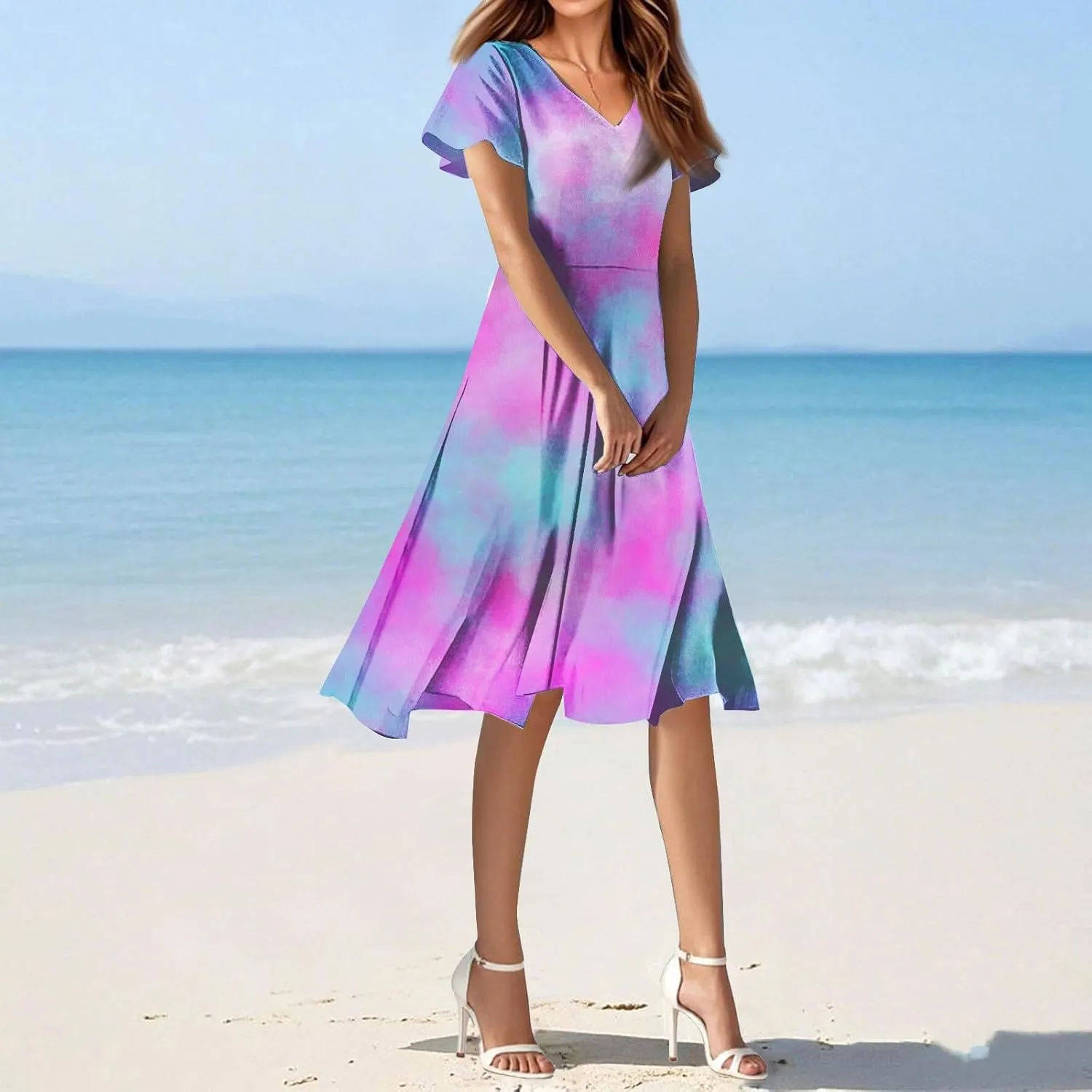 Summer Dresses for Women Casual Short Sleeve V-Neck Flowy Floral Dress Short Party Dress Vacation Travel Outfits