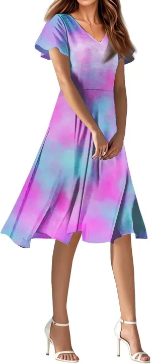 Summer Dresses for Women Casual Short Sleeve V-Neck Flowy Floral Dress Short Party Dress Vacation Travel Outfits