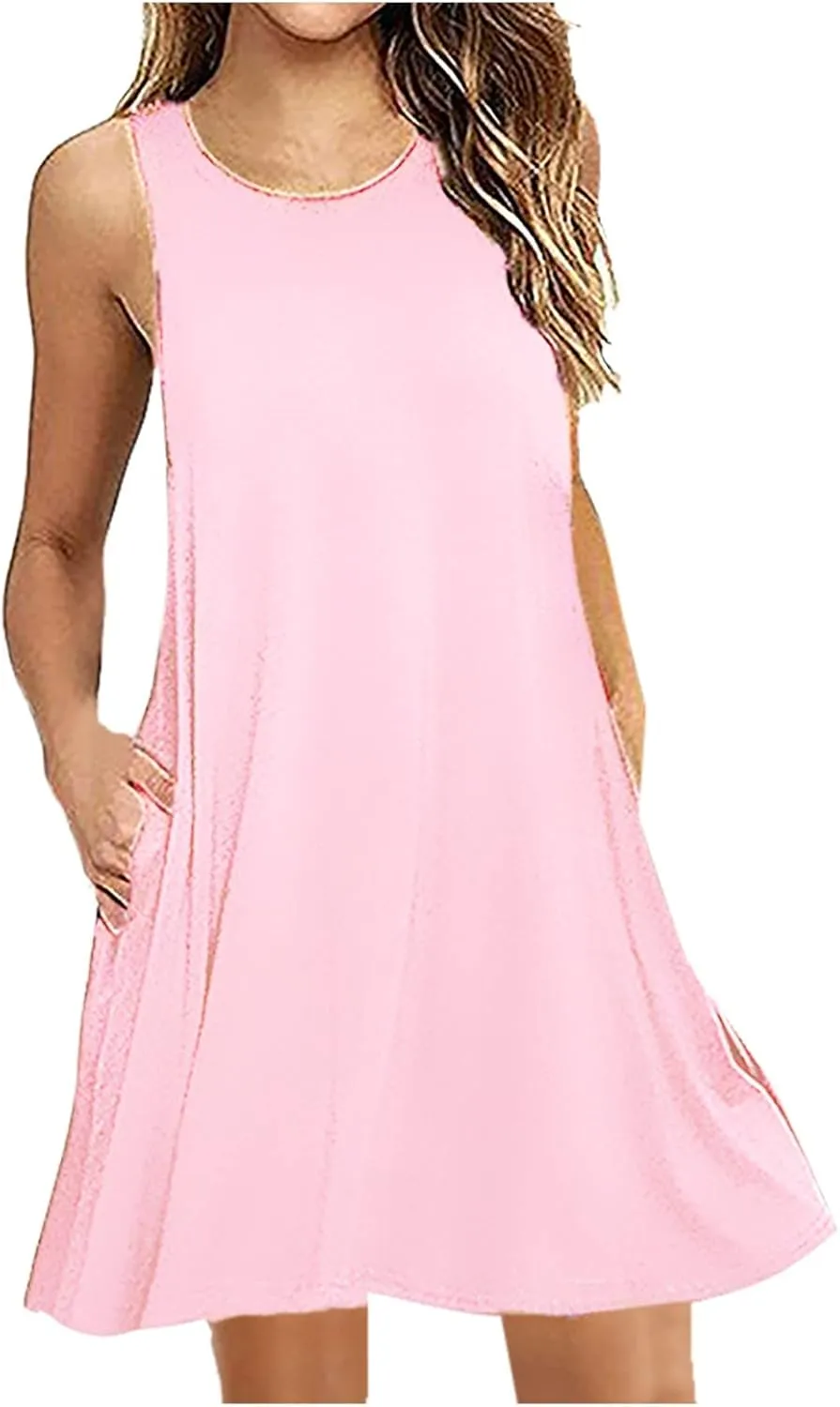 Summer Dresses for Women Sleeveless A-Line Beach Sundress Loose Casual Tank Dresses Tshirt Dress with Pockets