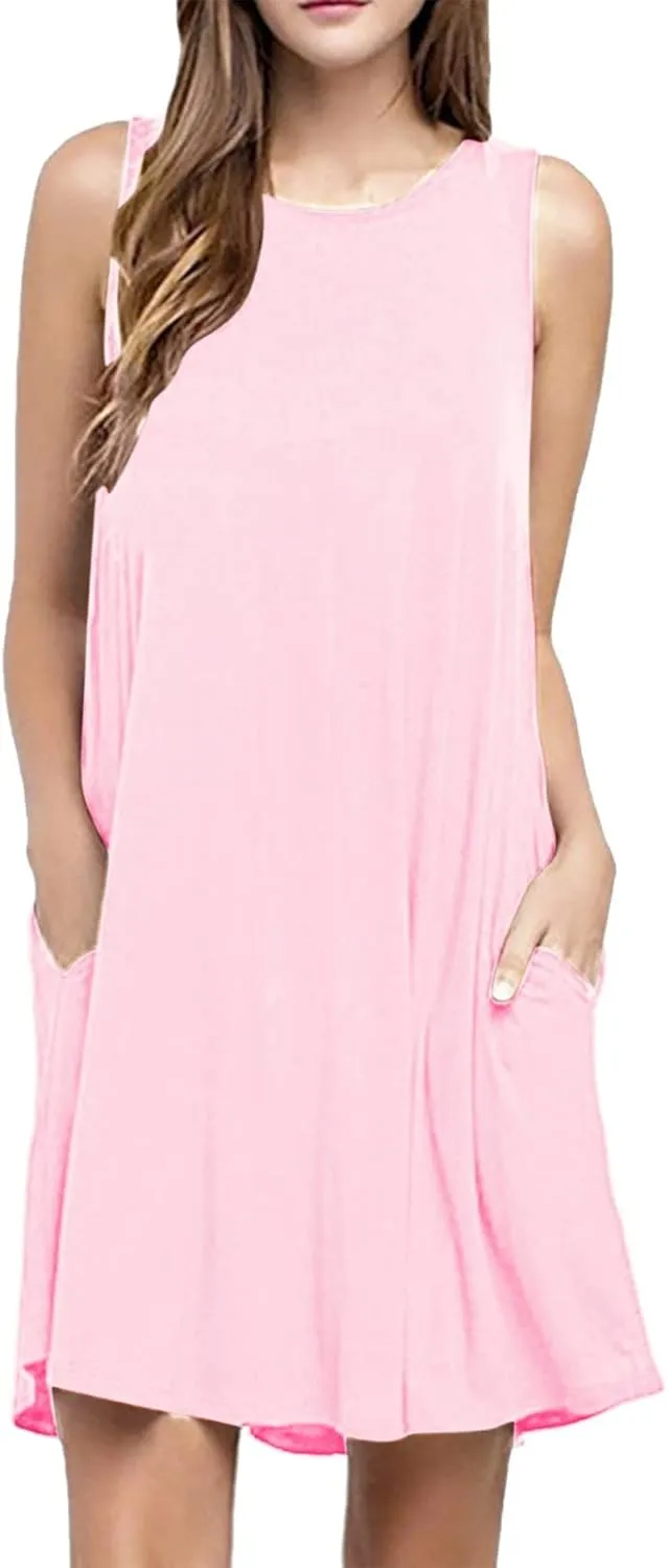Summer Dresses for Women Sleeveless A-Line Beach Sundress Loose Casual Tank Dresses Tshirt Dress with Pockets