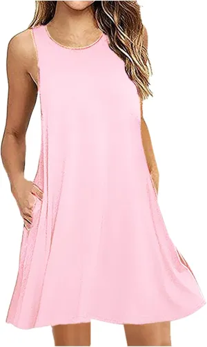 Summer Dresses for Women Sleeveless A-Line Beach Sundress Loose Casual Tank Dresses Tshirt Dress with Pockets