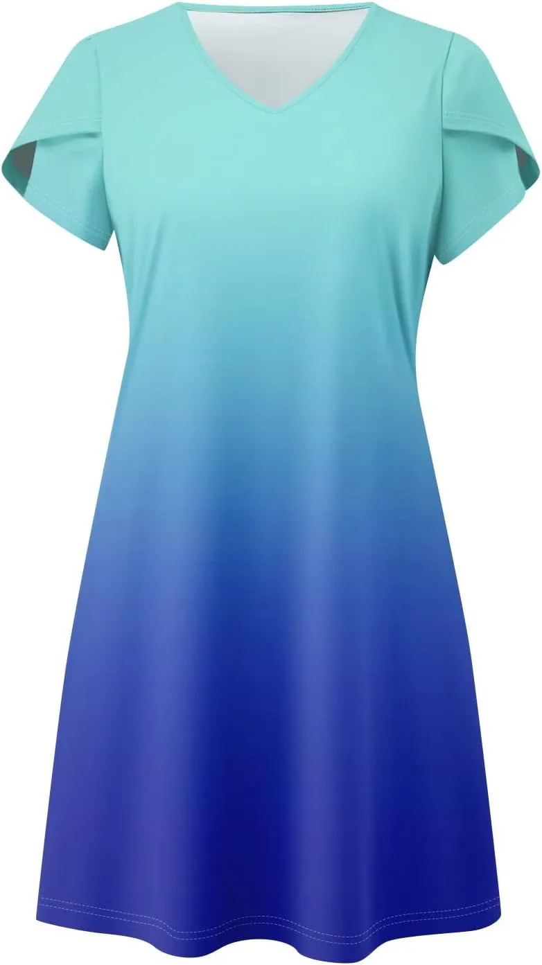 Summer Dresses for Women Summer Midi Boho Hawaiian Sundresses Short Sleeve V Neck Summer Beach Vacation Flowy Dress