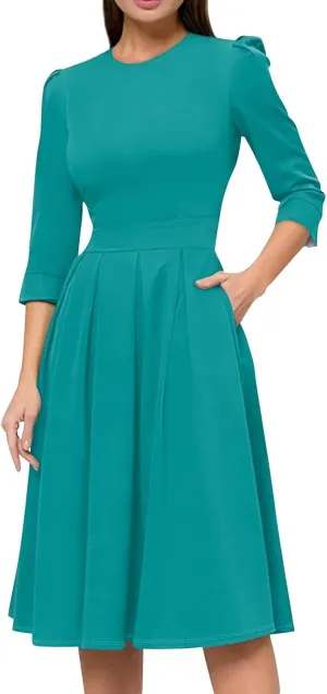Summer Fall Long Sleeve Formal Midi Dress for Women Trendy Smocked Flowy Casual 3/4 Sleeve Elegant Floral Dress