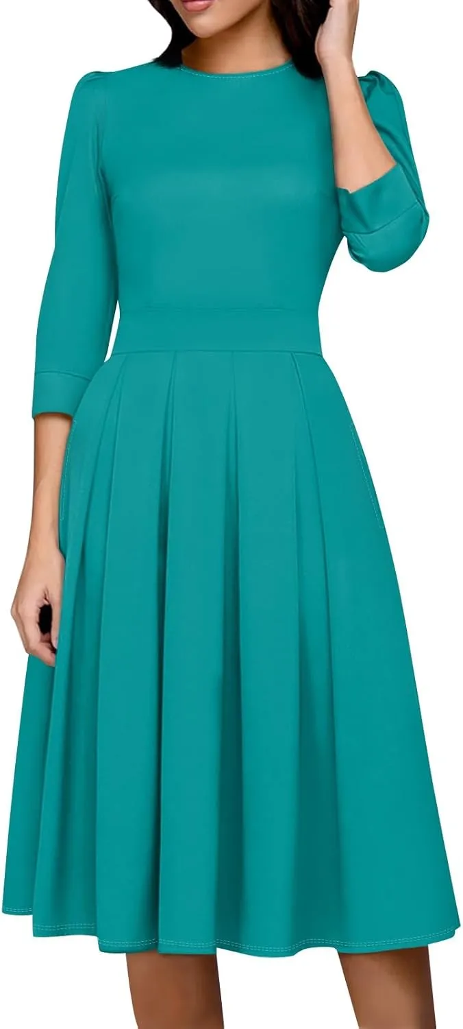 Summer Fall Long Sleeve Formal Midi Dress for Women Trendy Smocked Flowy Casual 3/4 Sleeve Elegant Floral Dress