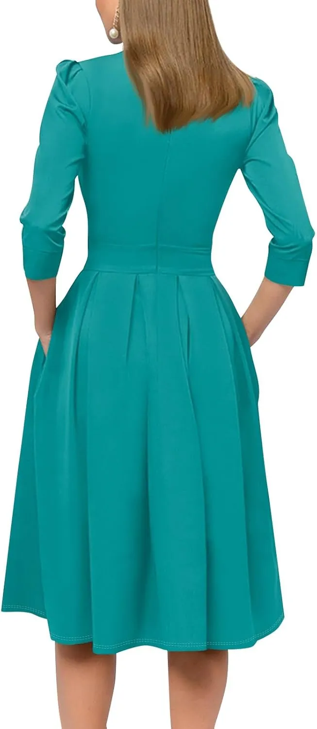 Summer Fall Long Sleeve Formal Midi Dress for Women Trendy Smocked Flowy Casual 3/4 Sleeve Elegant Floral Dress