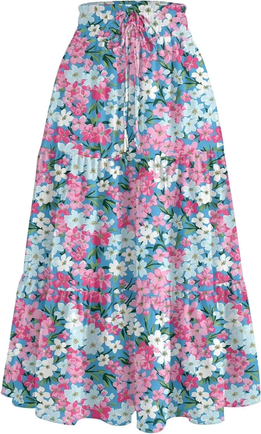 Summer Floral Midi Skirt for Women Comfy Tiered Elastic High Waisted Vacation A-Line Flowy Swing Long