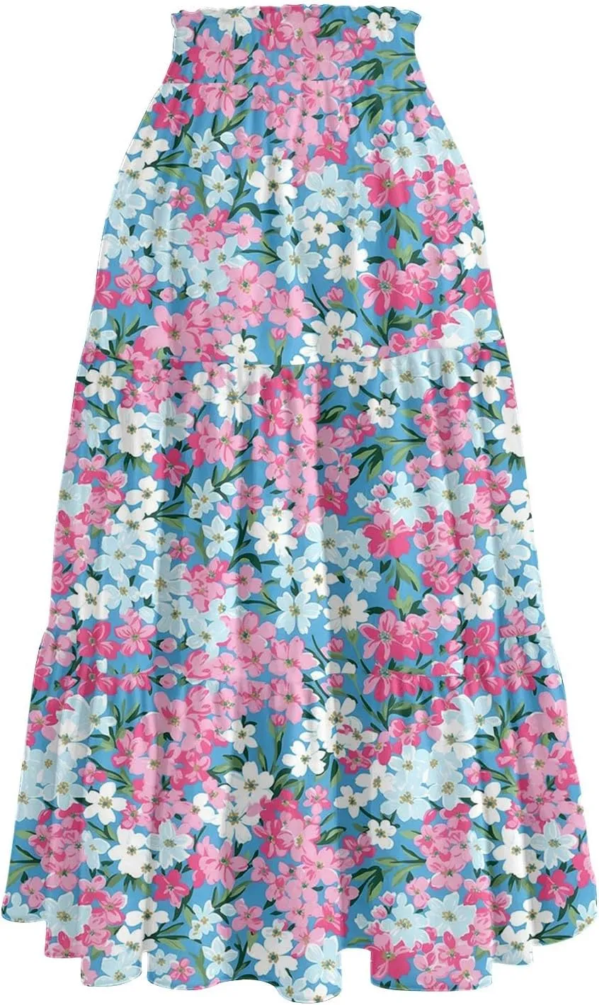 Summer Floral Midi Skirt for Women Comfy Tiered Elastic High Waisted Vacation A-Line Flowy Swing Long