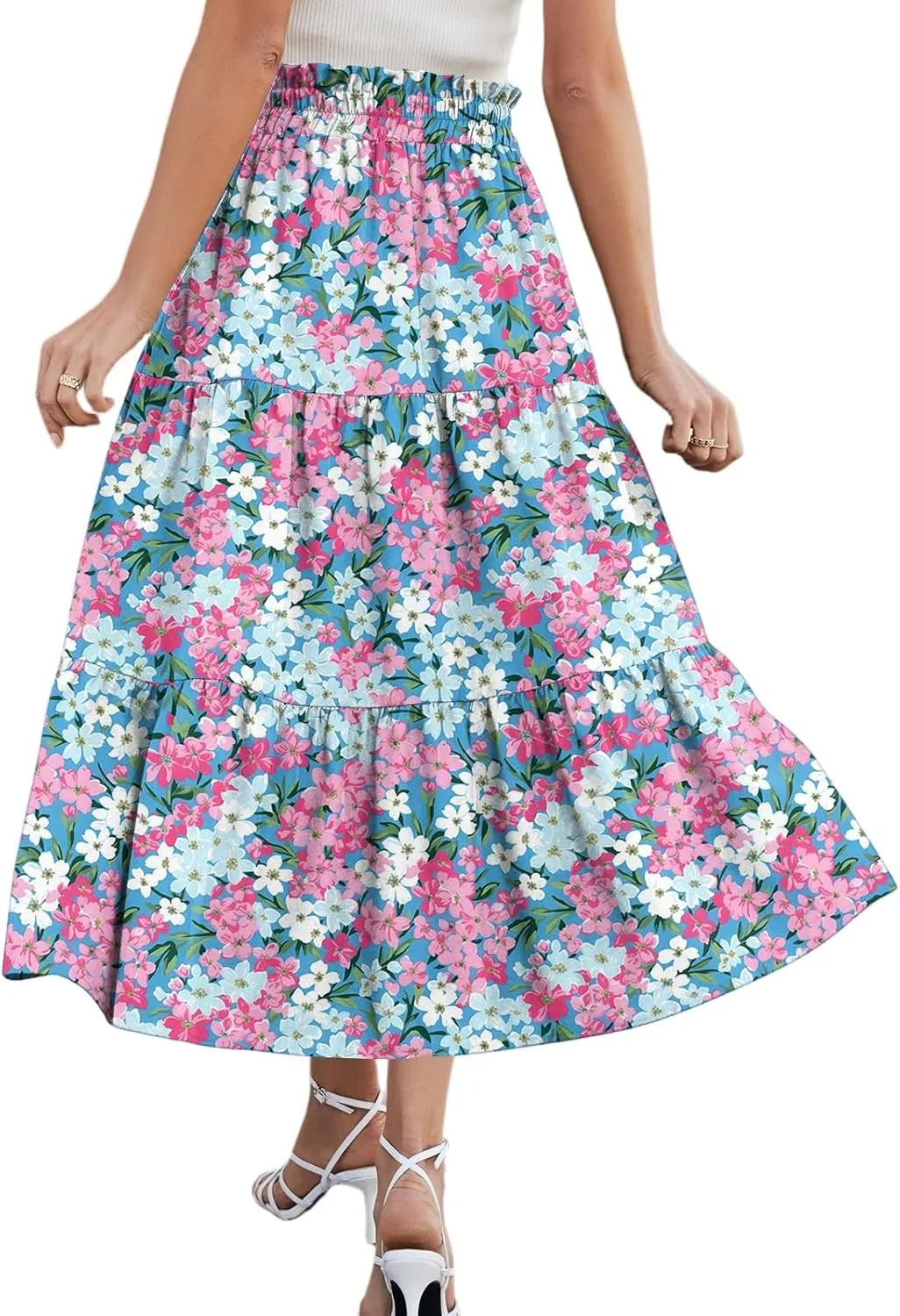 Summer Floral Midi Skirt for Women Comfy Tiered Elastic High Waisted Vacation A-Line Flowy Swing Long