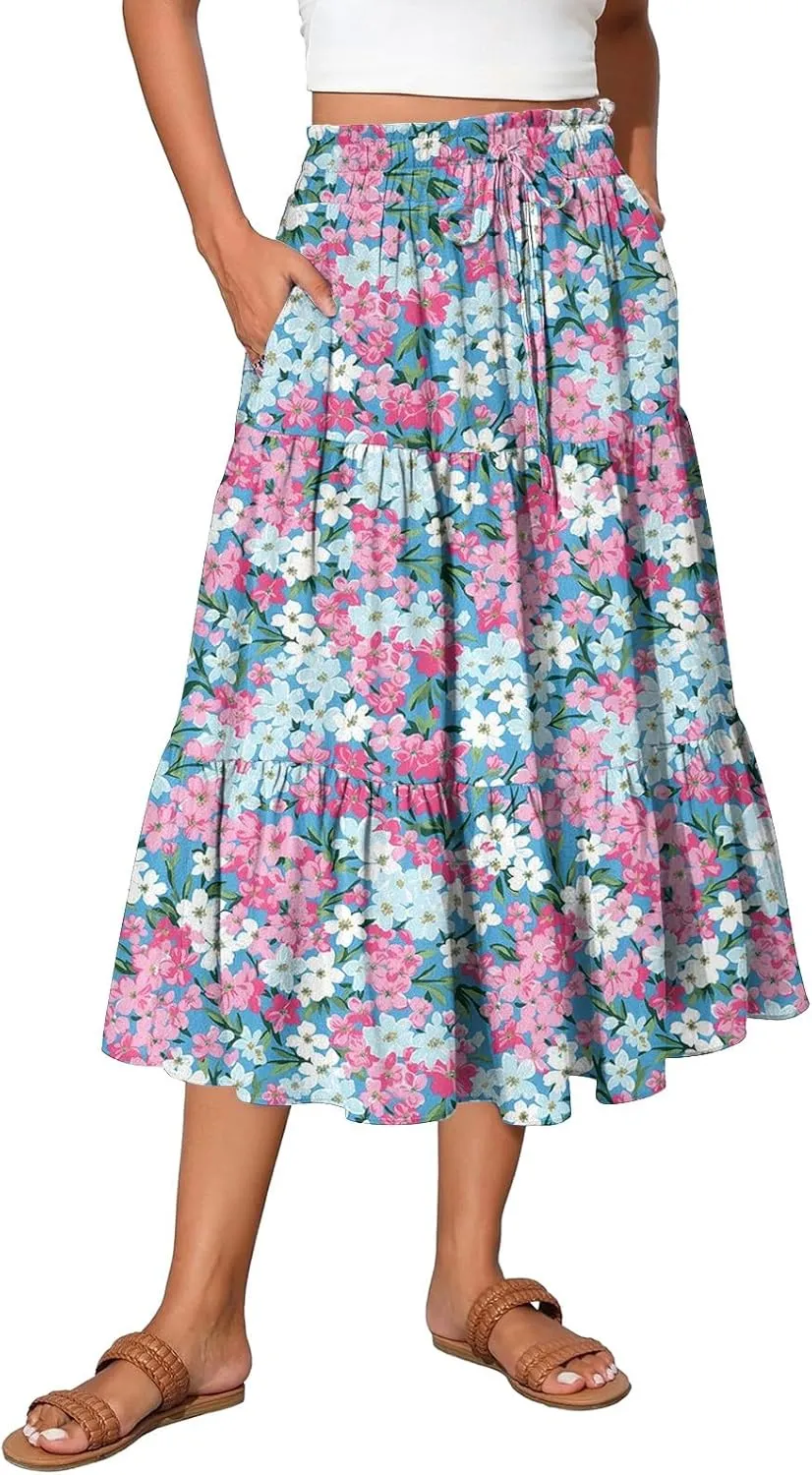 Summer Floral Midi Skirt for Women Comfy Tiered Elastic High Waisted Vacation A-Line Flowy Swing Long