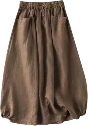 Summer Linen Skirts for Women Elastic High Waist Button A Line Flowy Casual Vacation Beach Midi Skirts with Pockets