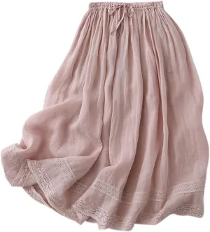 Summer Linen Skirts for Women Elastic High Waist Button A Line Flowy Casual Vacation Beach Midi Skirts with Pockets