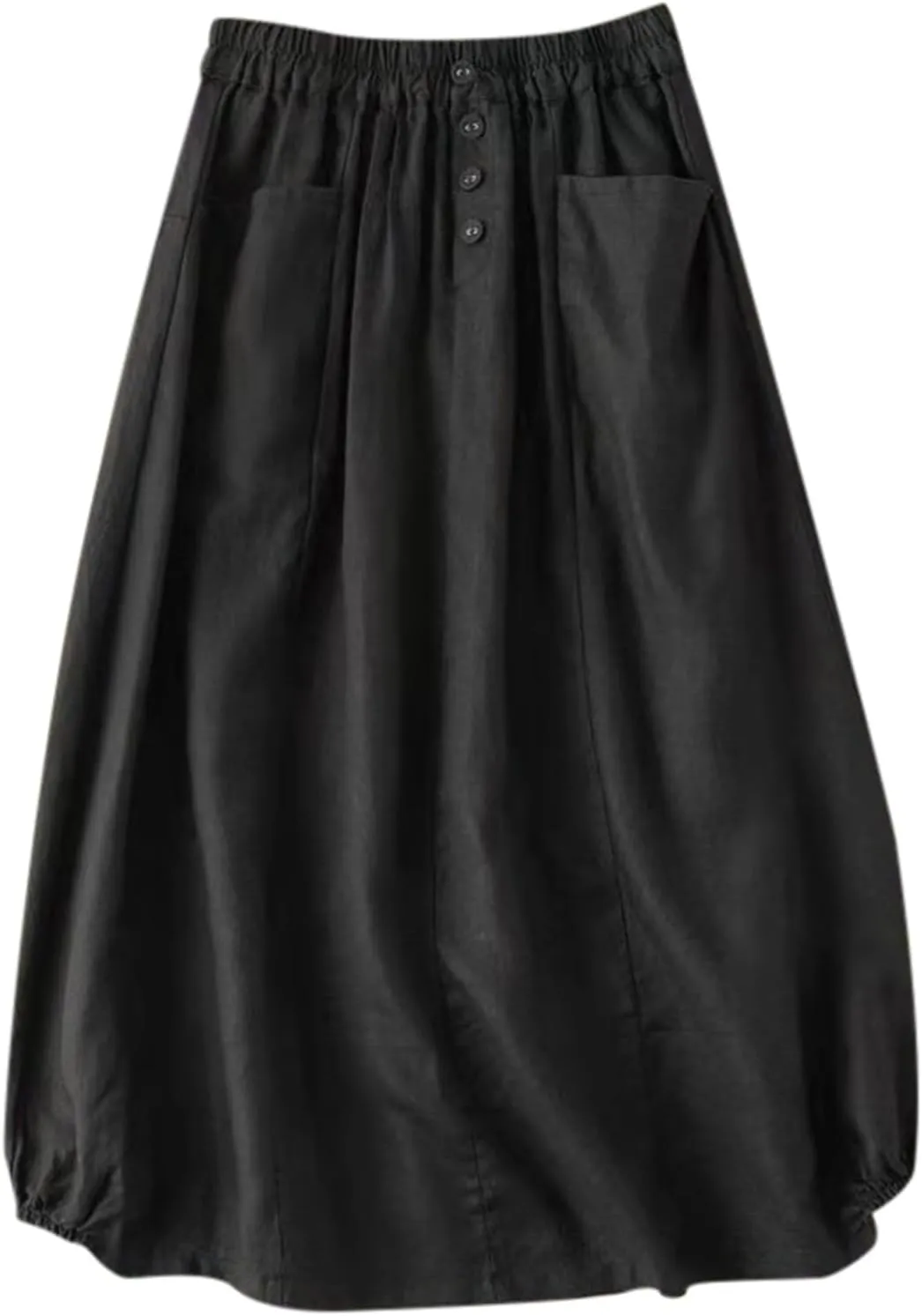 Summer Linen Skirts for Women Elastic High Waist Button A Line Flowy Casual Vacation Beach Midi Skirts with Pockets