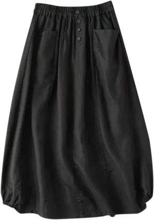 Summer Linen Skirts for Women Elastic High Waist Button A Line Flowy Casual Vacation Beach Midi Skirts with Pockets