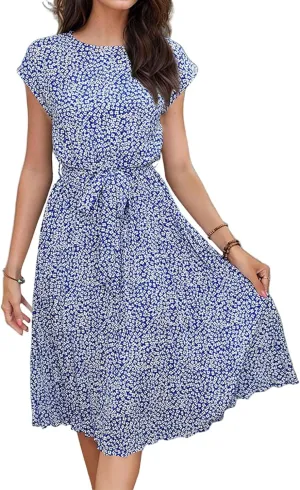 Summer Mini Dresses for Women 2025 Floral Cap Sleeve Tie Waist Midi Dresses Boho Pleated Ruffle Knee Length Dress
