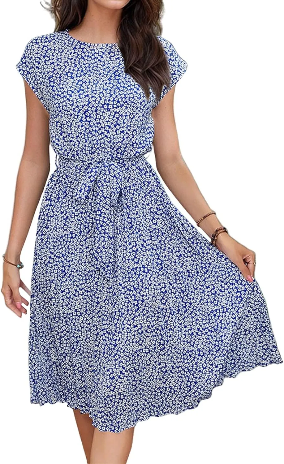 Summer Mini Dresses for Women 2025 Floral Cap Sleeve Tie Waist Midi Dresses Boho Pleated Ruffle Knee Length Dress