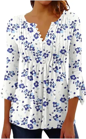 Summer Shirts for Women Vintage Bohemian Floral Print Graphic Blouse Causal 3/4 Sleeve Empire Waist Button Down Tops