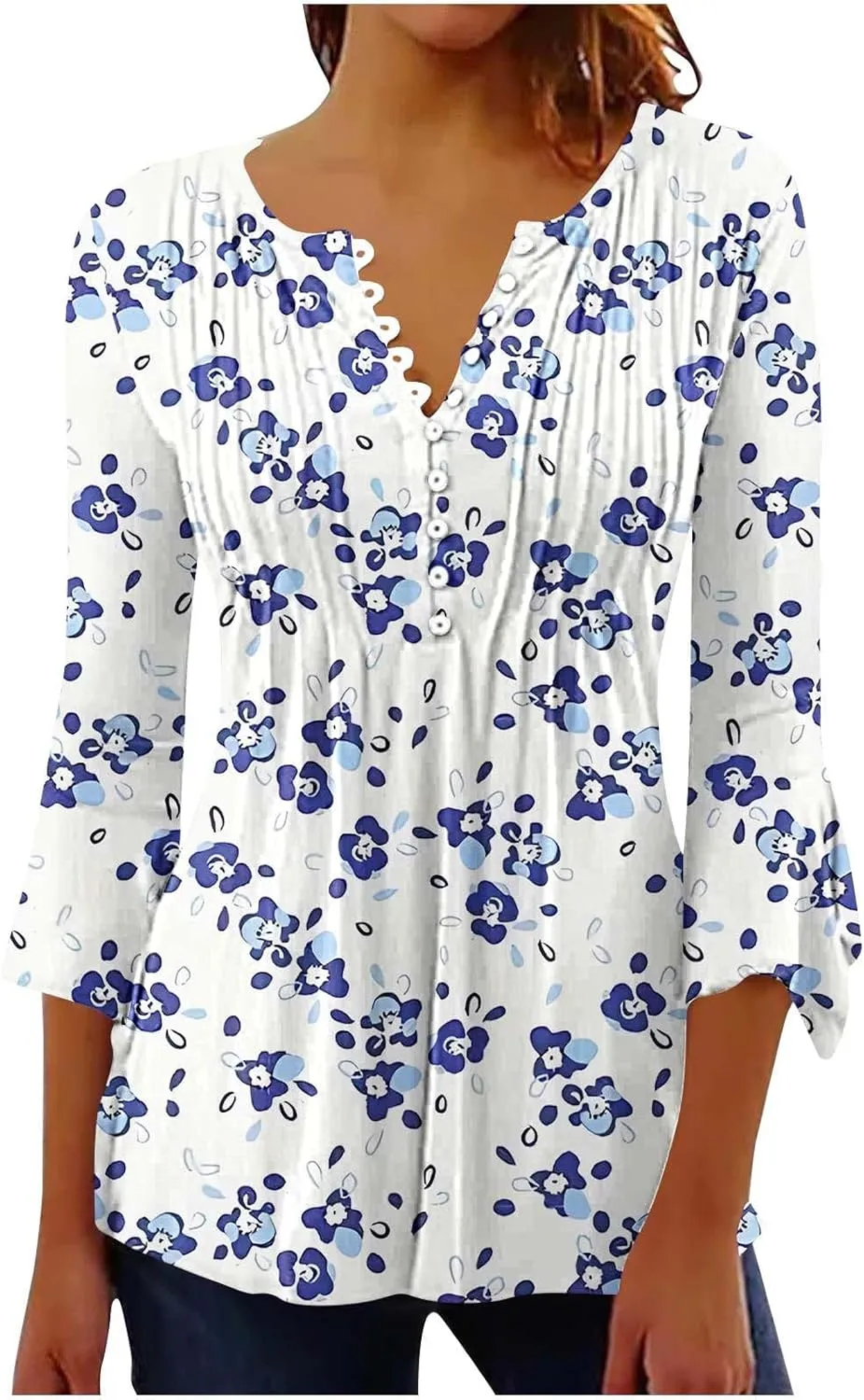 Summer Shirts for Women Vintage Bohemian Floral Print Graphic Blouse Causal 3/4 Sleeve Empire Waist Button Down Tops