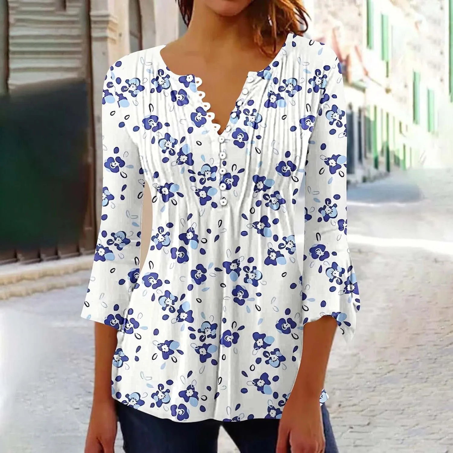 Summer Shirts for Women Vintage Bohemian Floral Print Graphic Blouse Causal 3/4 Sleeve Empire Waist Button Down Tops