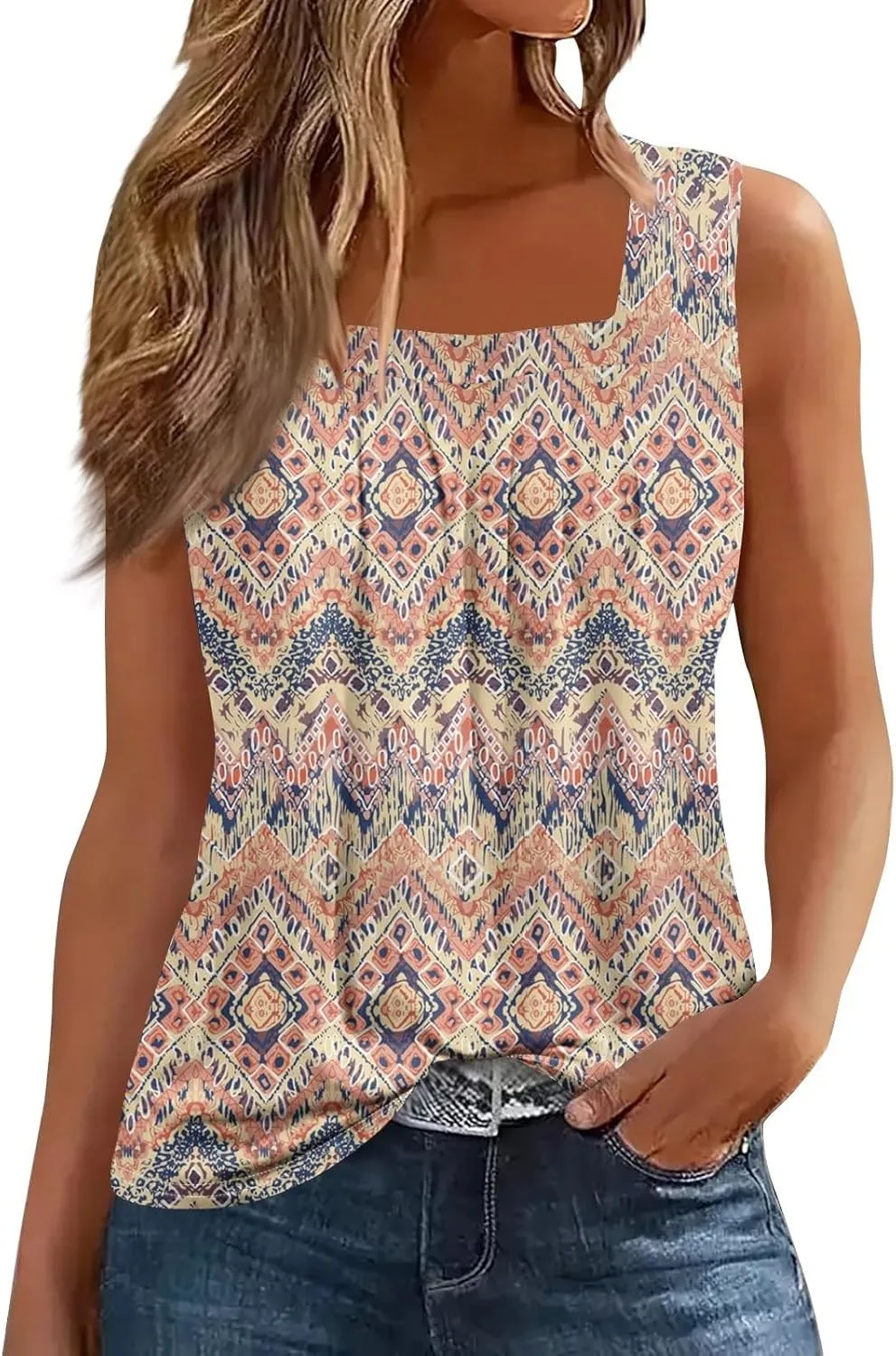 Summer Tank Tops for Women Sleeveless Square Neck Tops Comfy Pleated Tanks Blouses Dressy Casual