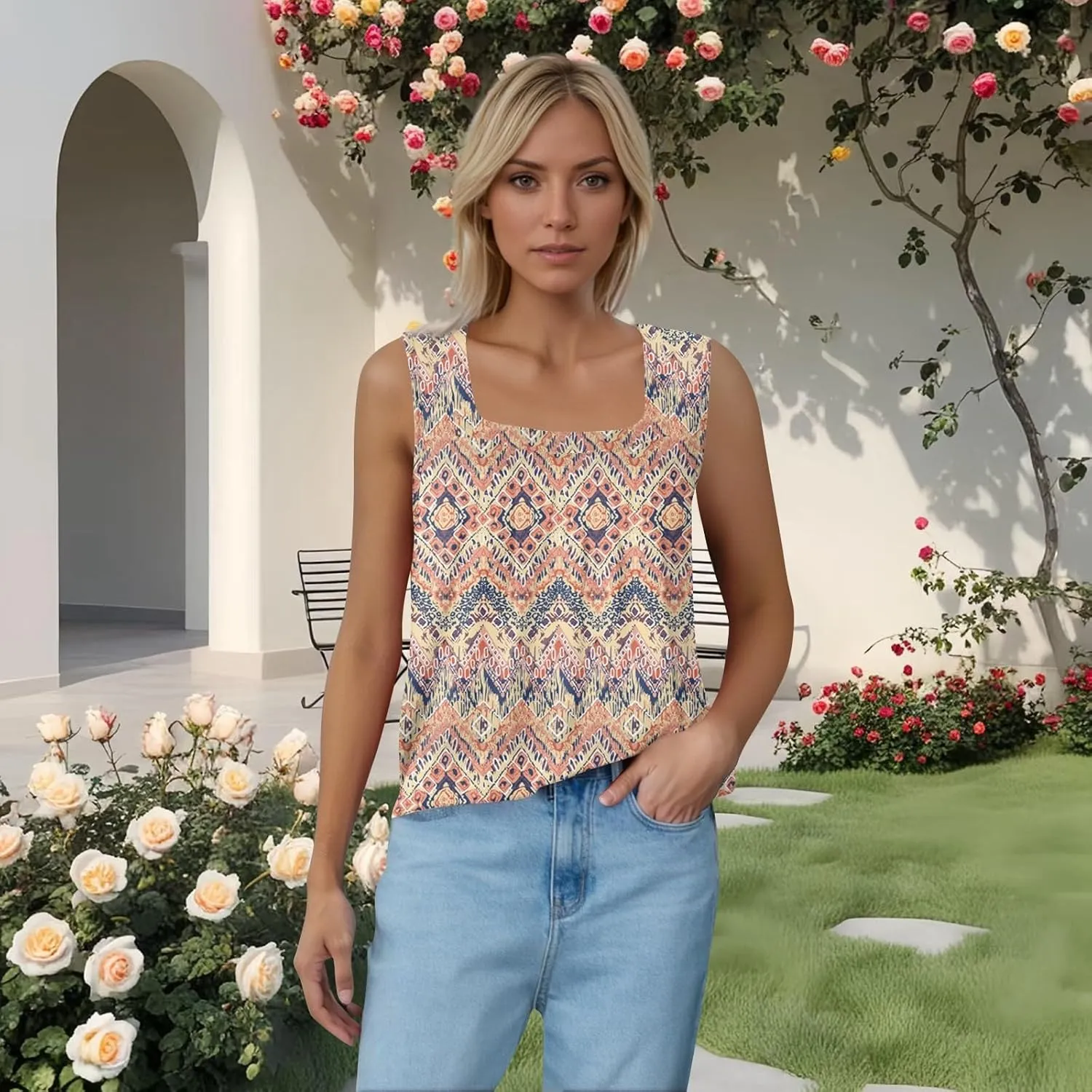 Summer Tank Tops for Women Sleeveless Square Neck Tops Comfy Pleated Tanks Blouses Dressy Casual