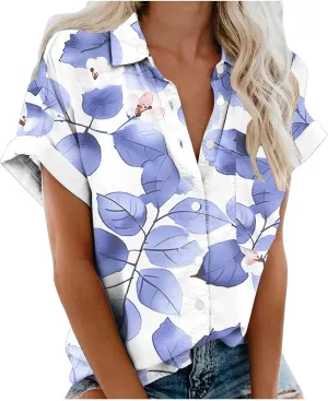Summer Tops for Women 2024 Vacation Beach Vacation Short Sleeve Floral Print Shirts Casual Loose Bohemian Blouses