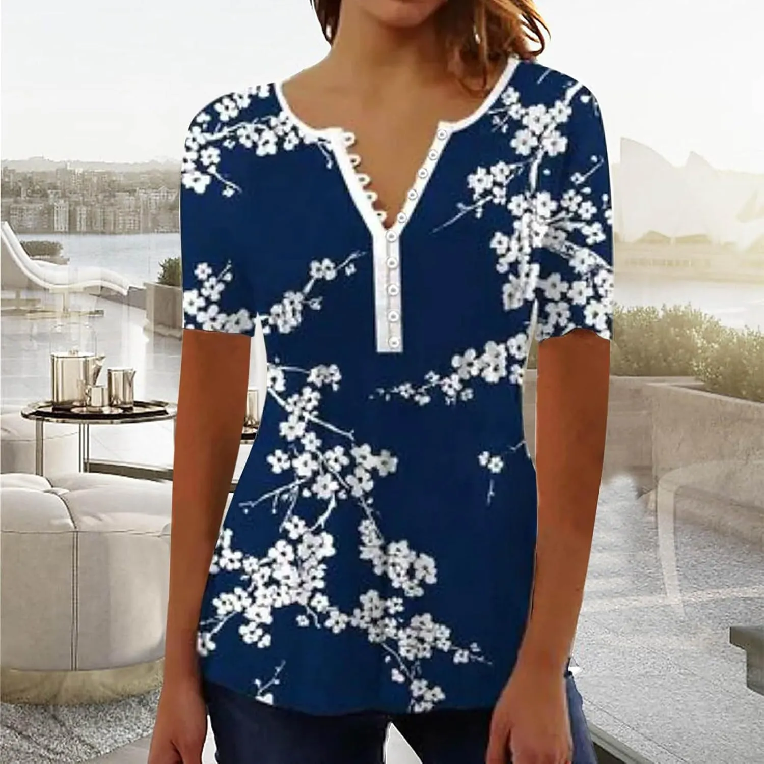 Summer Tops for Women 2025 Trendy Boho Floral Print Tunic Shirts Short Sleeve Button V Neck Tshirt Casual Blouse