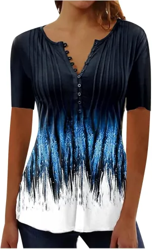 Summer Tops for Women 2025 Trendy Boho Floral Print Tunic Shirts Short Sleeve Button V Neck Tshirt Casual Blouse