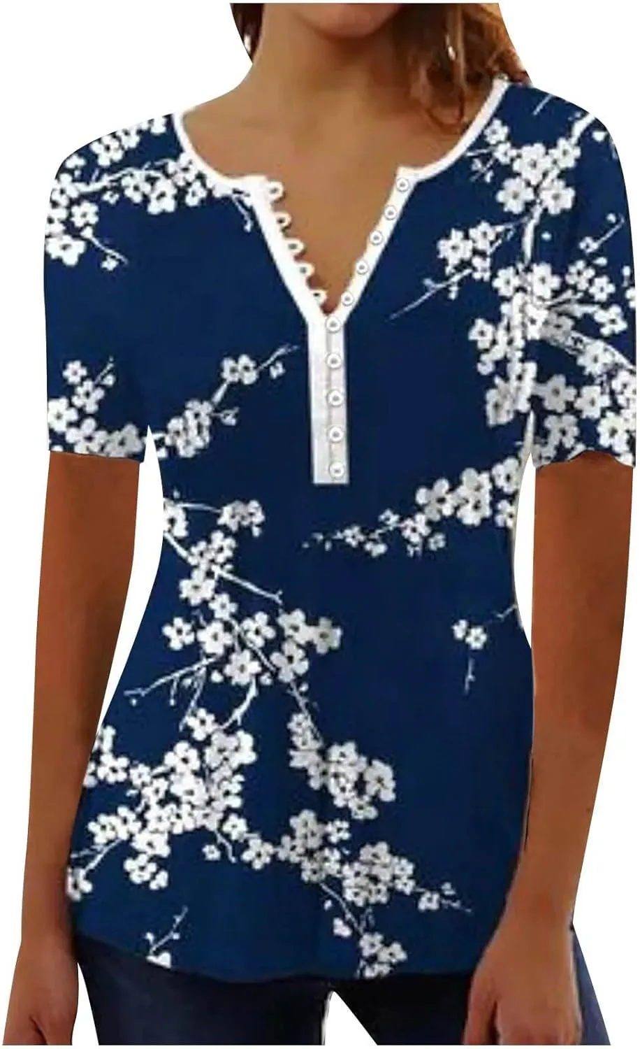 Summer Tops for Women 2025 Trendy Boho Floral Print Tunic Shirts Short Sleeve Button V Neck Tshirt Casual Blouse