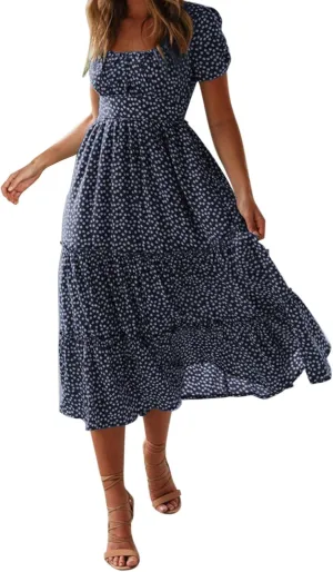 Sundress with Sleeves Square Neck A-Line Flowy Tiered Dresses Bump Friendly Dress Vacation Dresses for Women 2025
