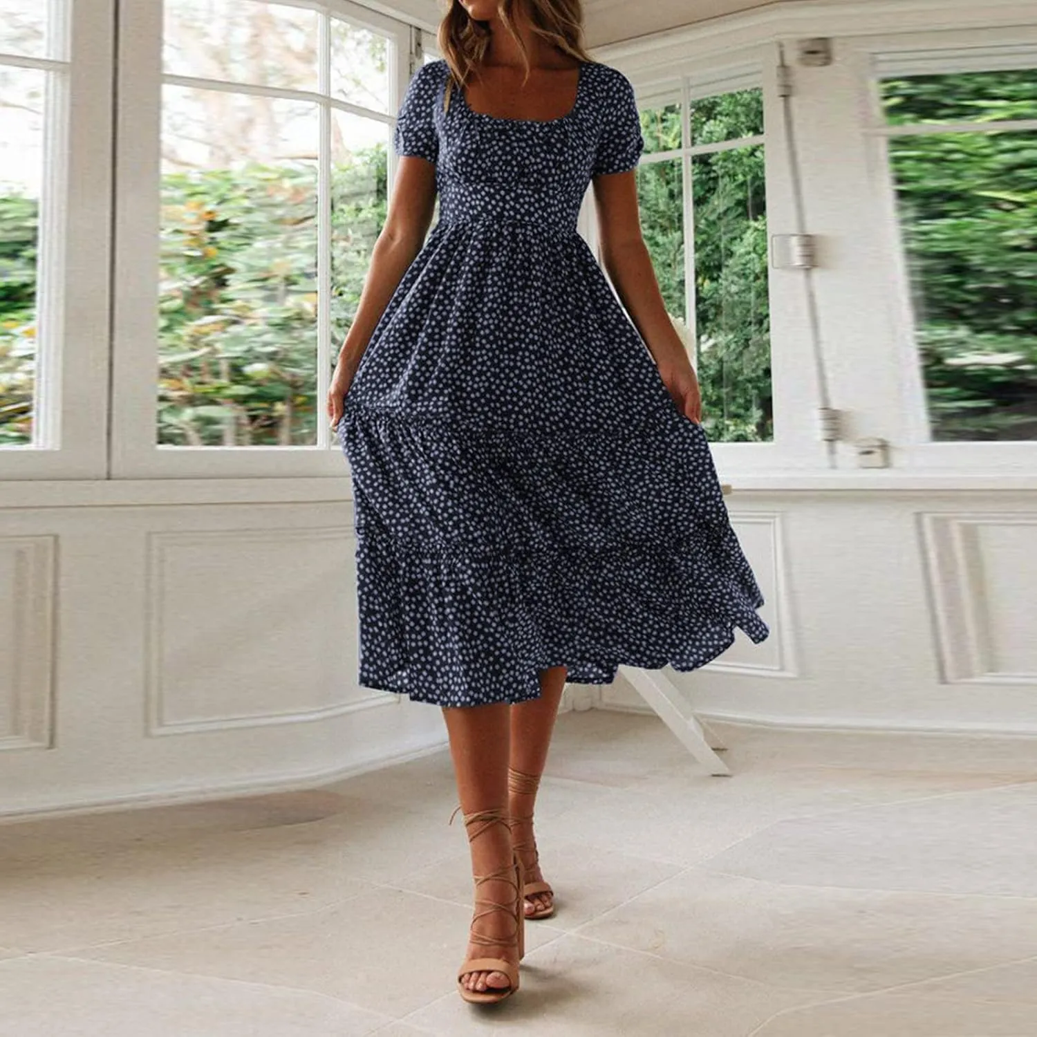 Sundress with Sleeves Square Neck A-Line Flowy Tiered Dresses Bump Friendly Dress Vacation Dresses for Women 2025