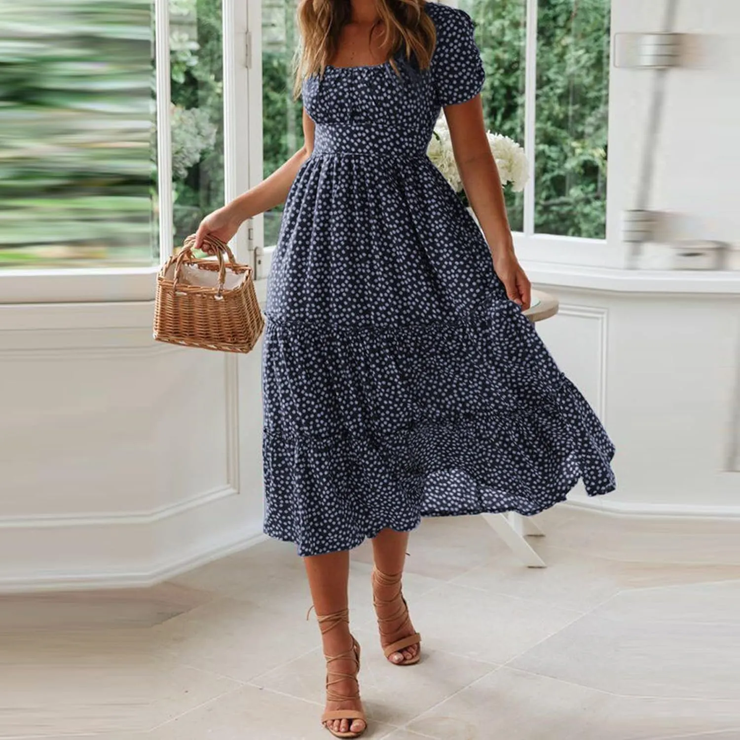 Sundress with Sleeves Square Neck A-Line Flowy Tiered Dresses Bump Friendly Dress Vacation Dresses for Women 2025
