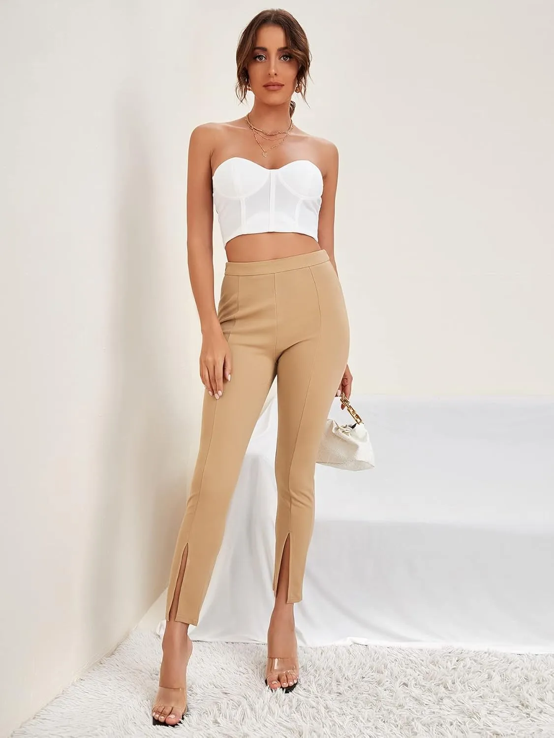 SweatyRocks Women's Elegant Elastic Waist Skinny High Waist Pants