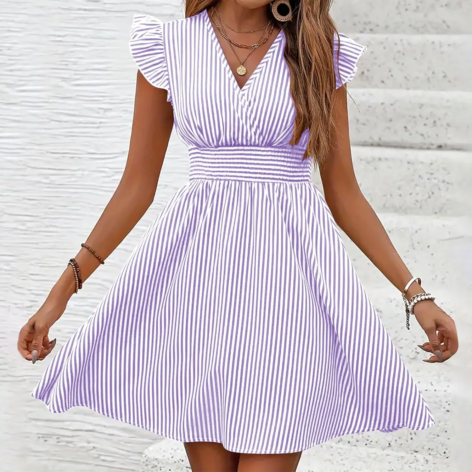 TANGNADE Women's Summer Midi Dress Striped Short Sleeve V Neck T Shirt Dresses Loose A Line Flowy Casual Beach Sundress