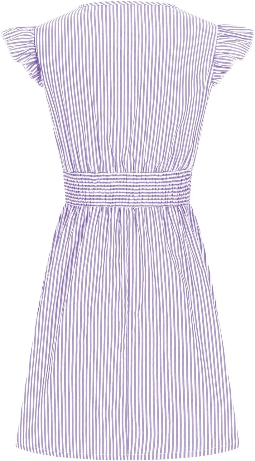 TANGNADE Women's Summer Midi Dress Striped Short Sleeve V Neck T Shirt Dresses Loose A Line Flowy Casual Beach Sundress