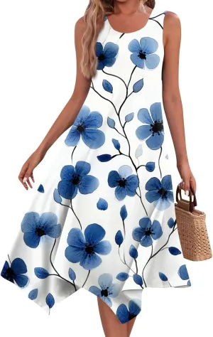 Tank Dress for Women Summer Midi Sleeveless Irregular Hem Plus Size Dress U-Neck Cocktail Dresses A Line with Pockets